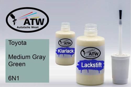 Toyota, Medium Gray Green, 6N1: 20ml Lackstift + 20ml Klarlack - Set, von ATW Autoteile West.